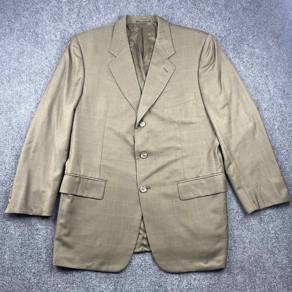 Corneliani Mens Super 110s Merino Wool Blazer Olive Green Windowpane Check Italy